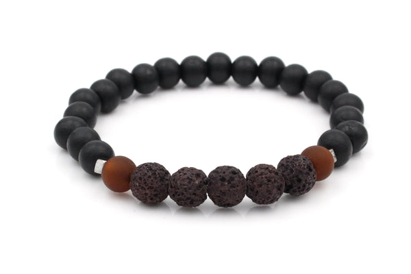 Perlenarmband Herren schwarz braun, elastisch und dehnbar aus schwarzen Holzperlen in Kombination mit schwarzen Lavaperlen und braunen Details