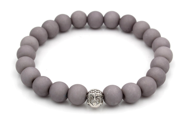 Perlenarmband Herren Buddha Kopf Farbe Silber, elastisches Armband aus grauen Perlen für Mann und Frau