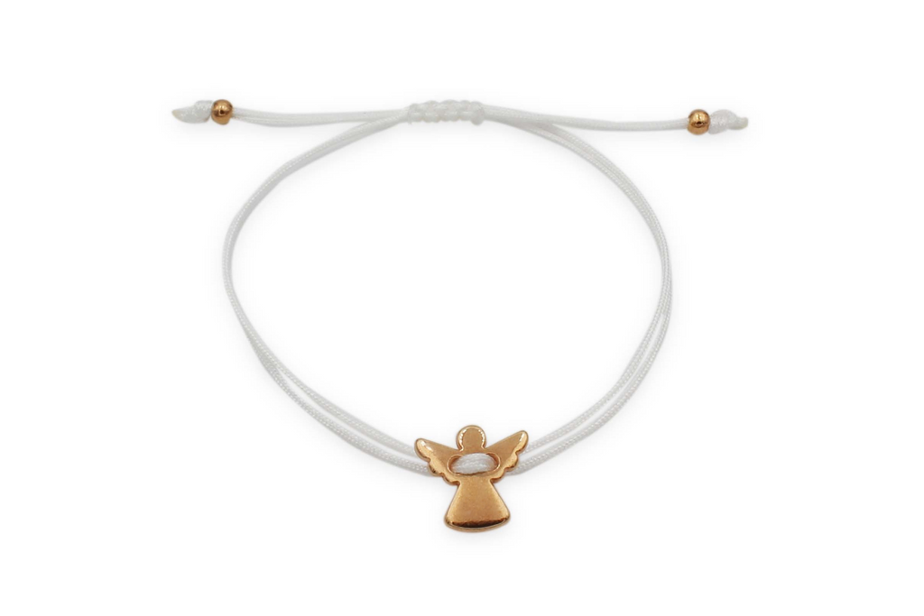 weißes Makramee Armband mit Schutzengel in rosegold als Kommunion Geschenk für Mädchen
