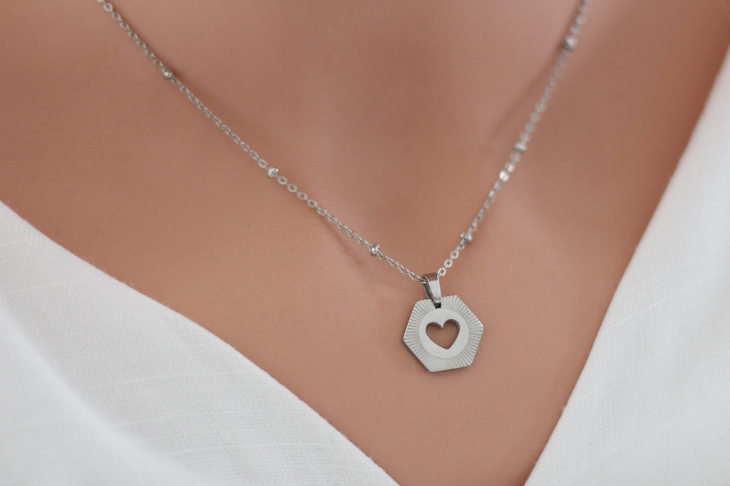 Halskette Edelstahl mit Herz Anhänger Herz Hexagon, Geschenkidee Freundin