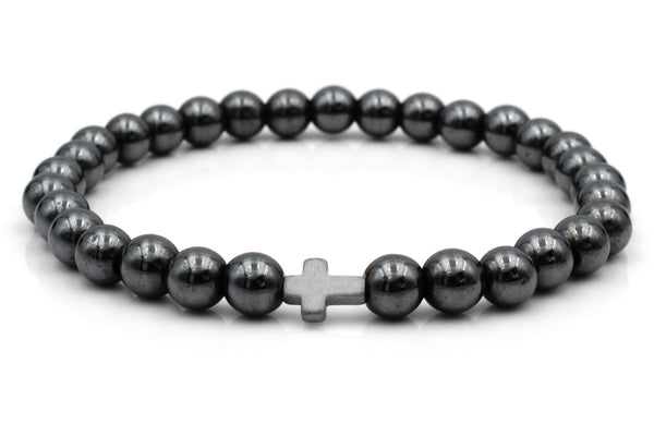 Perlenarmband Kreuz für Herren in anthrazit schwarz, elastisches Armband mit Perlen für den Mann