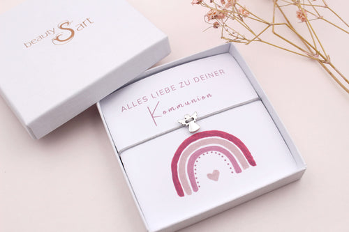Kleine Geschenke für die Kommunion wie Armband mit Karte in Schmuckschachtel verpackt