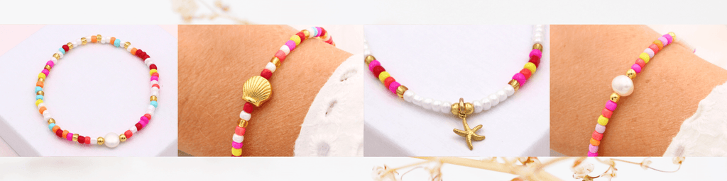 bunte Sommerarmbänder in frischen Farben mit Neon pink und gold sowie weißen Perlen