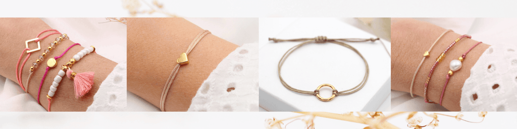 Filigrane Makramee Armbänder für Damen, zart und schlicht mit besonderen Anhängern wie Herz oder Perlen in silber-, gold- und rosegoldfarben oder mit 925 Silber Anhängern und verstellbarem Schiebeknoten Verschluss