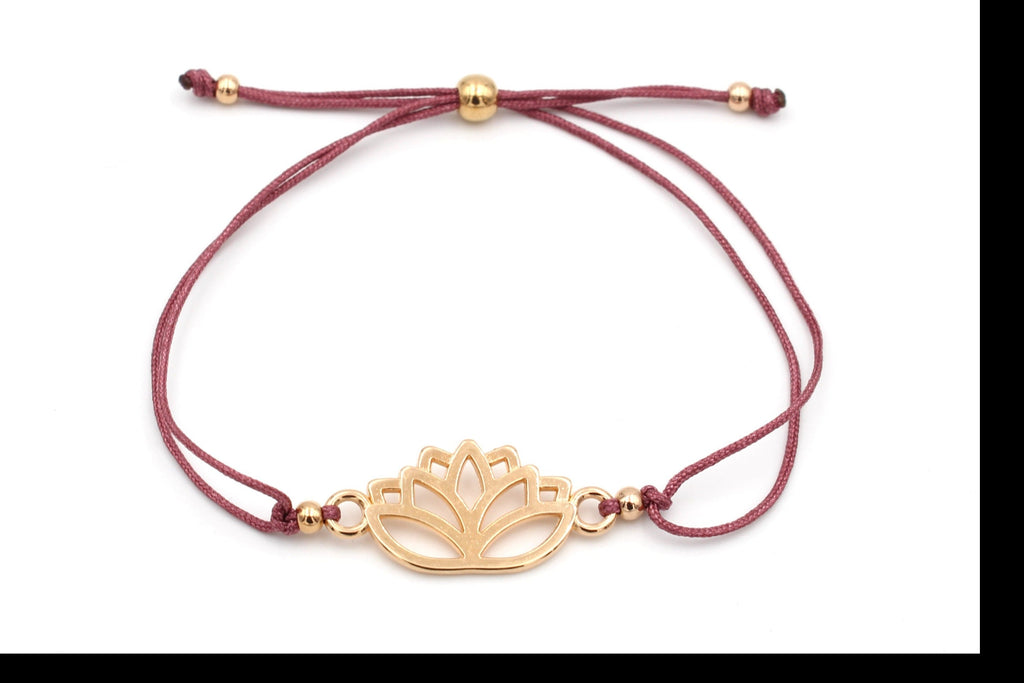 Lotus Blumen Armband in rosegold und aubergine Red mit Makramee Verschluss in Kugelform