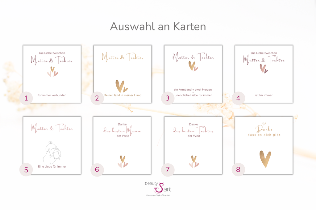 Übersicht über die Auswahl an Karten und Sprüchen für das Mutter Tochter Armband