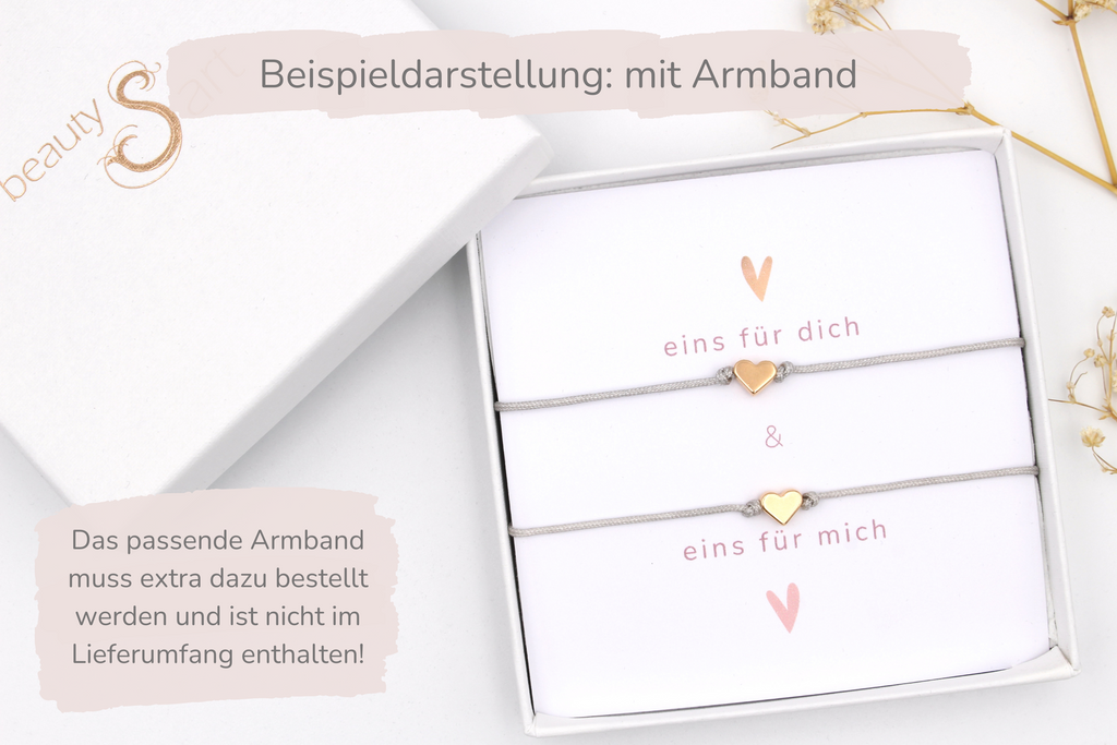 Beispiel der Verpackung der Geschenkbox mit 2 Armbändern und hübscher Karte mit Nachricht
