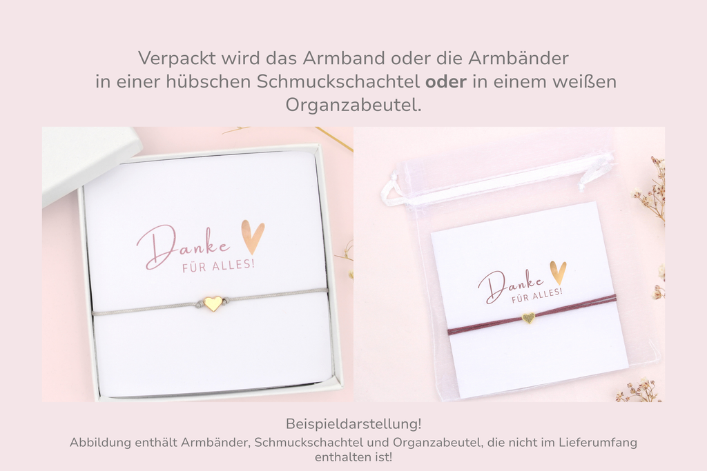 Karte mit Armband verpackt in einer Schmuckschachtel oder weißen Organzabeutel als Beispieldarstellung