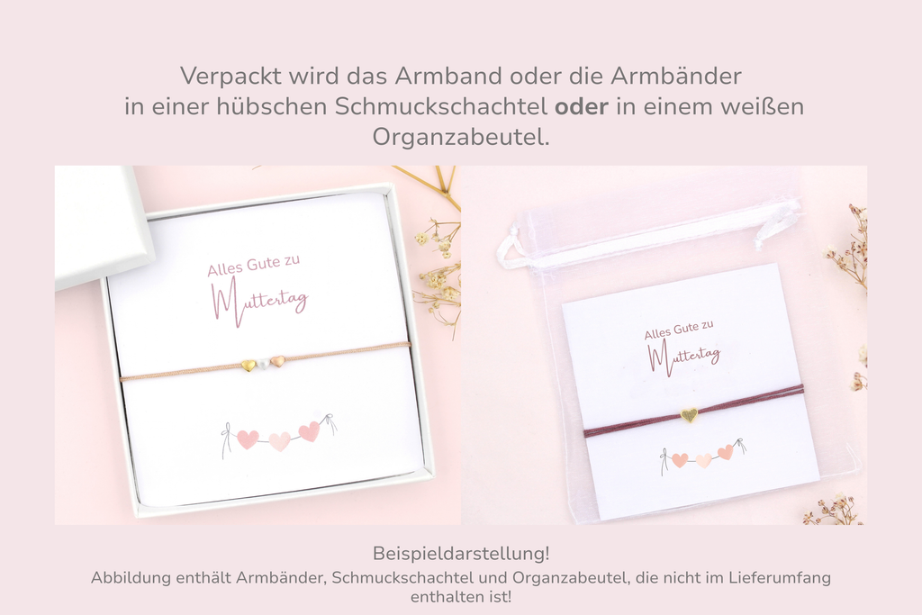 Muttertags Karte mit Armband verpackt in einer Schmuckschachtel oder weißen Organzabeutel als Beispieldarstellung