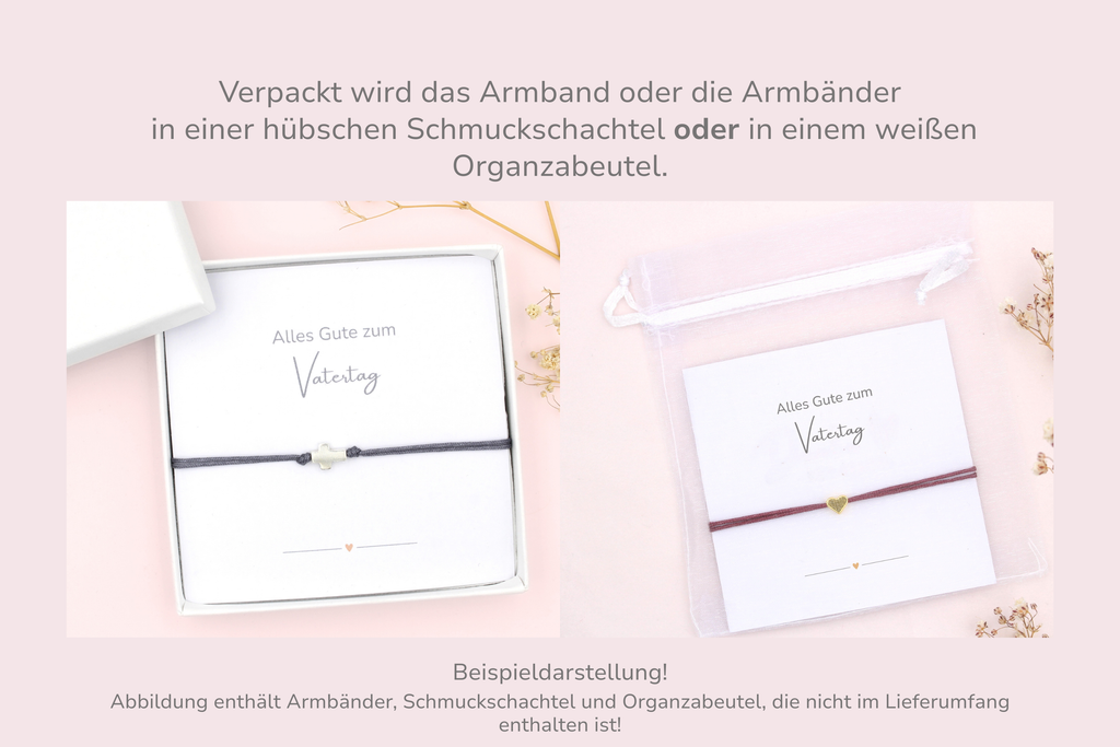 Karte mit Armband verpackt in einer Schmuckschachtel oder weißen Organzabeutel als Beispieldarstellung