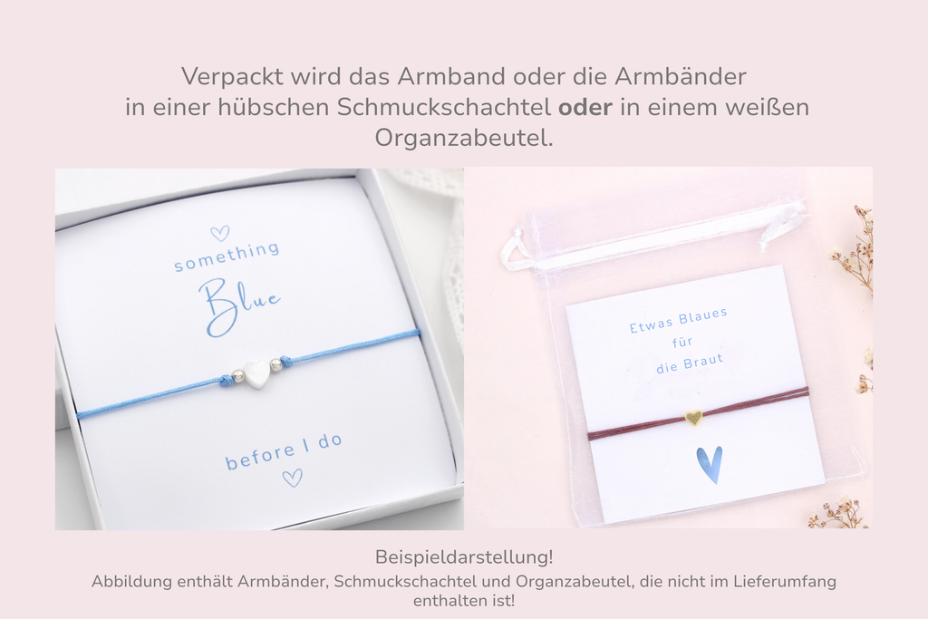 Karte mit Armband verpackt in einer Schmuckschachtel oder weißen Organzabeutel als Beispieldarstellung