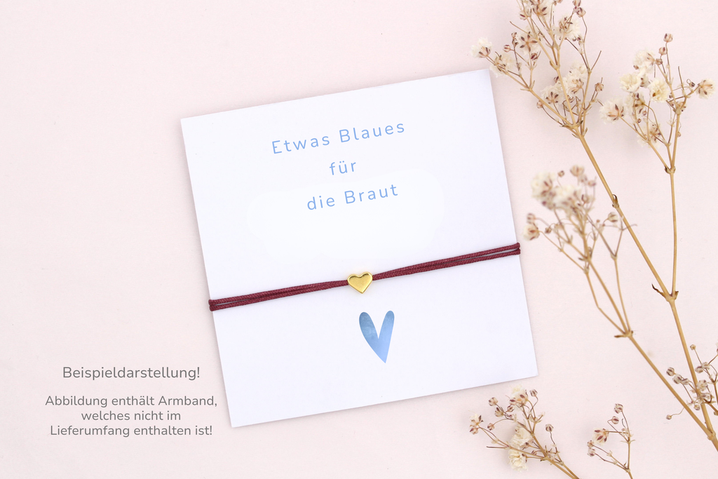 Beispieldarstellung der blauen Karte mit einem Herz Armband für deiner Freundin eine kleine Geschenkidee zur Hochzeit zu schenken