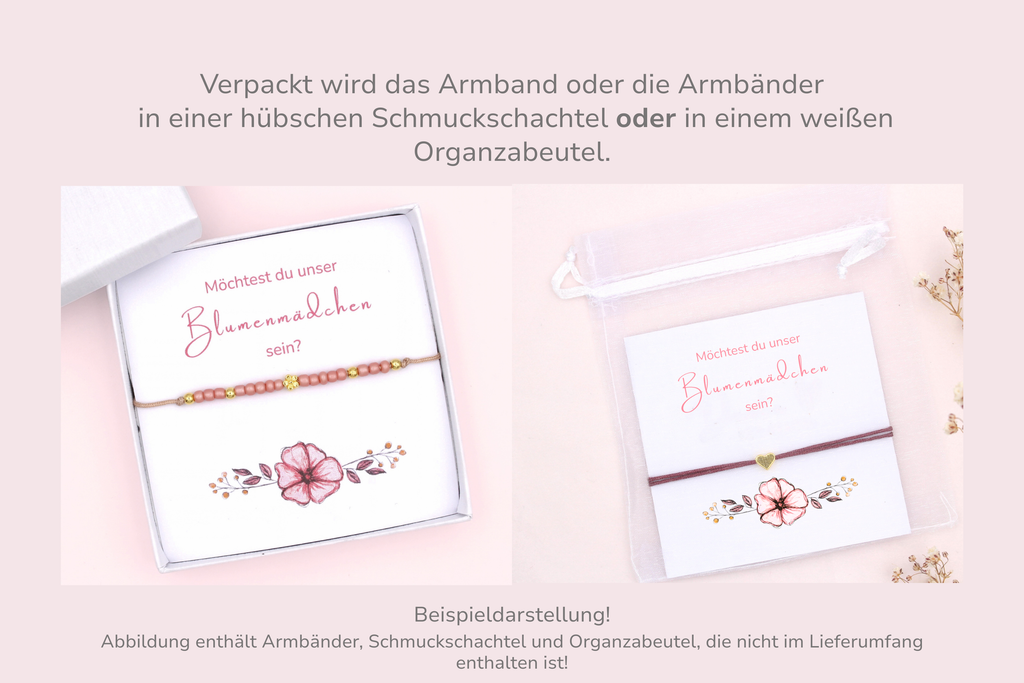 Karte mit Armband verpackt in einer Schmuckschachtel oder weißen Organzabeutel als Beispieldarstellung