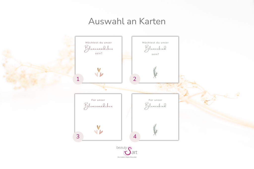 Übersicht über die Auswahl an Karten für das Blumenmädchen oder Blumenkind zur Hochzeitt zu fragen