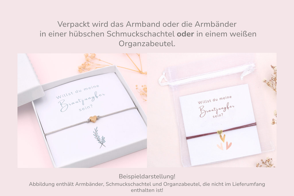 Beispieldarstellung der Brautjungfer fragen Karte mit einem Makramee ARmband in einer weißen Schmuckschachtel oder Organzabeutel