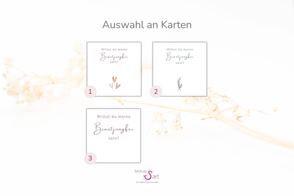 Übersicht über die Auswahl an Karten für die BRautjungfer zu fragen: Willst du meine Brautjungfer sein?