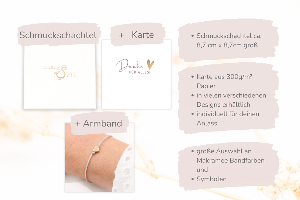 Übersicht über die Größe der Schmuckschachtel und Karte für dein Armband