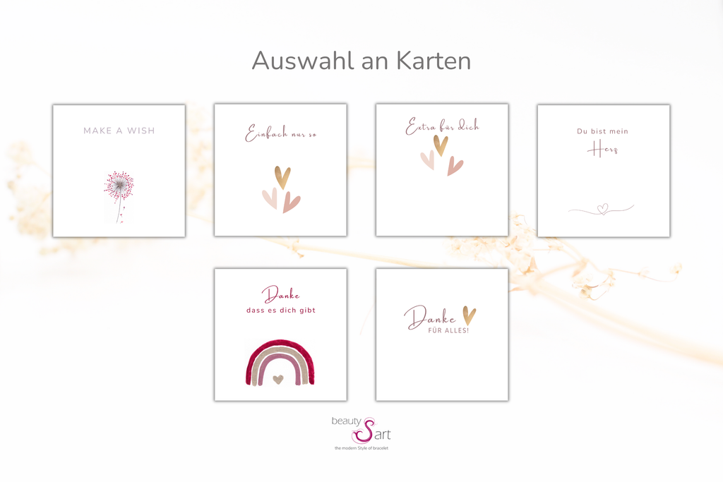 Übersicht über die Auswahl an Karten für dein Dankes Armband