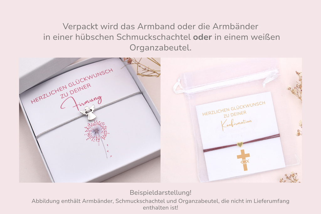 Karte mit Armband verpackt in einer Schmuckschachtel oder weißen Organzabeutel als Beispieldarstellung
