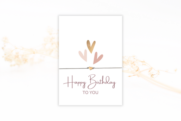 Happy Birthday Karte mit grauem Armband und Herz rosegold