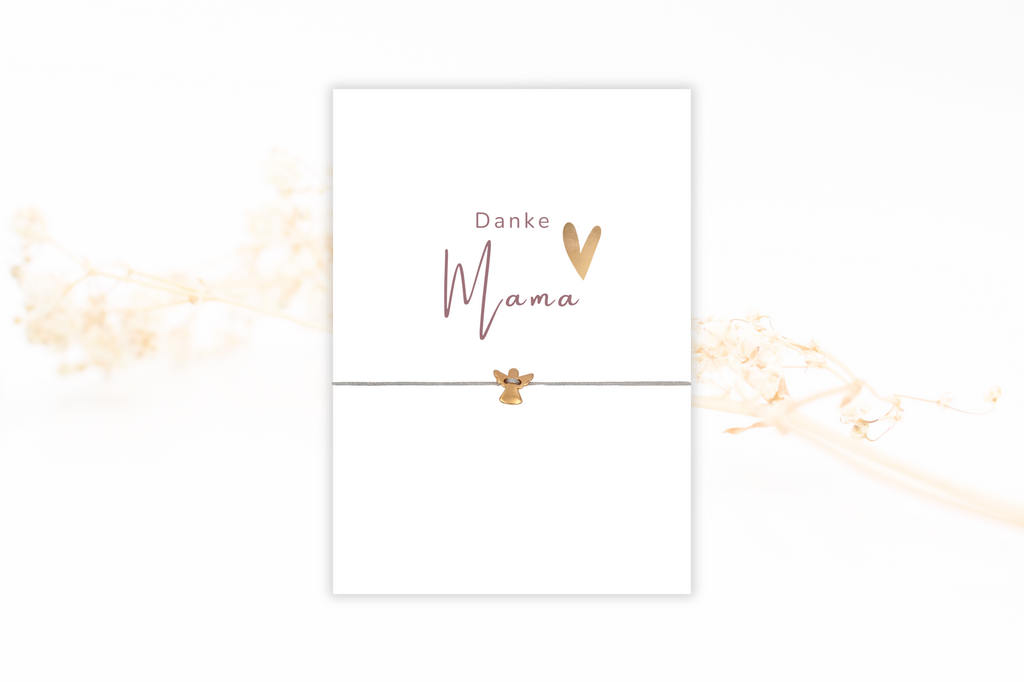 weiße Karte Danke Mama mit hell grauem Schutzengel Armband in rosegold