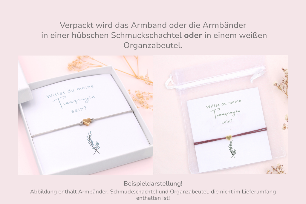 Karte mit Armband verpackt in einer Schmuckschachtel oder weißen Organzabeutel als Beispieldarstellung