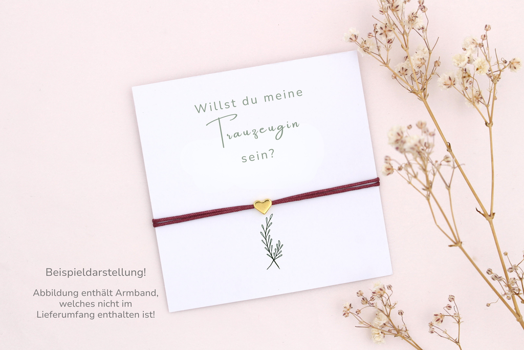 Beispieldarstellung der Trauzeuginfragen Karte mit einem Herzarmband deiner Auswahl von Beautysart Design