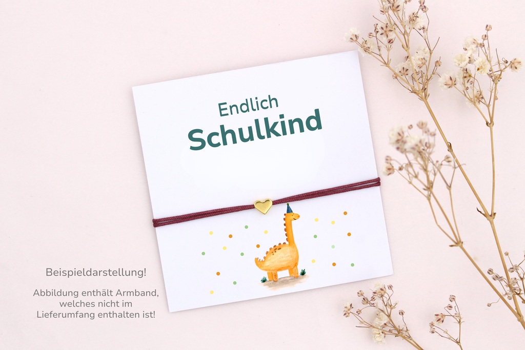 Beispieldarstellung der Schulkind Karte mit einem Armband für Mädchen und Jungen zur Einschulung
