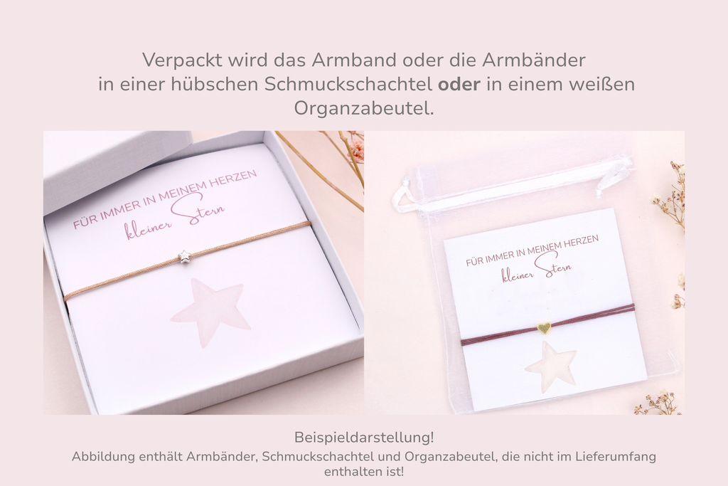 Karte mit Armband verpackt in einer Schmuckschachtel oder weißen Organzabeutel als Beispieldarstellung