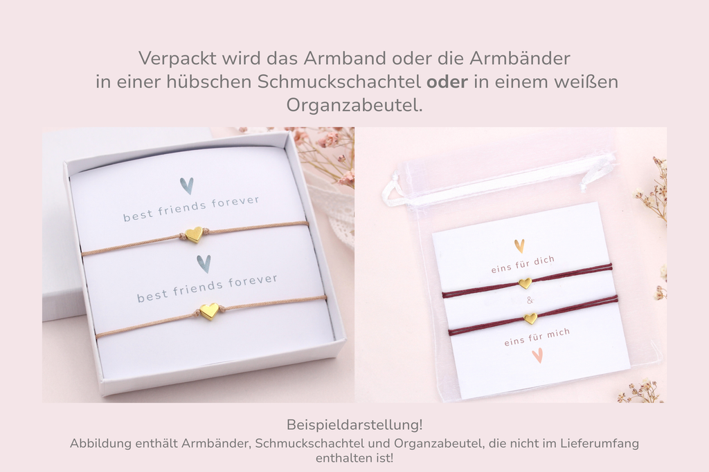 Beispieldarstellung der Verpackung für das Freundschafts Set mit 2 Makramee Armbändern, in einer Schmuckschachtel oder Organzabeutel