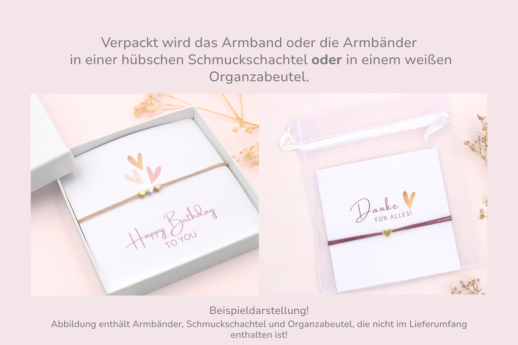 Geburtstagskarte mit Armband verpackt in einer Schmuckschachtel oder weißen Organzabeutel als Beispieldarstellung