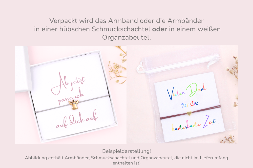 Karte mit Armband verpackt in einer Schmuckschachtel oder weißen Organzabeutel als Beispieldarstellung