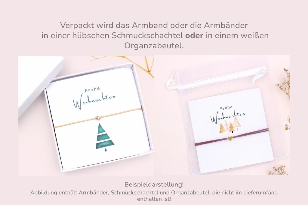 Karte mit Armband verpackt in einer Schmuckschachtel oder weißen Organzabeutel als Beispieldarstellung