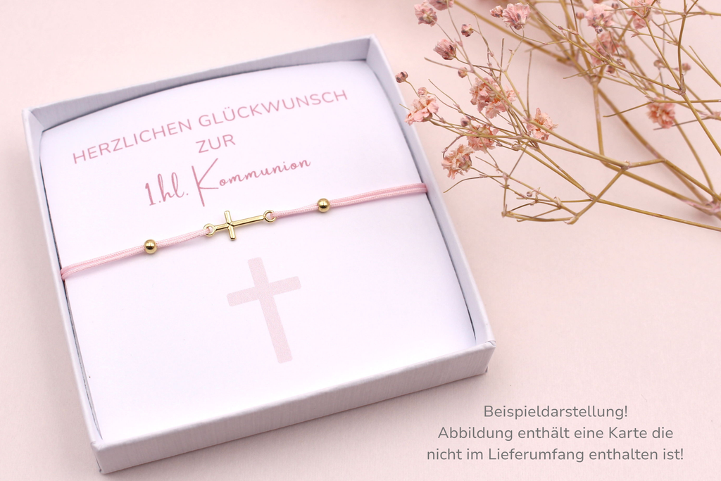 Kommunionsarmband mit Kreuz aus 925 Silber vergoldet, verpackt mit einer Karte zur 1.hl. Kommunion
