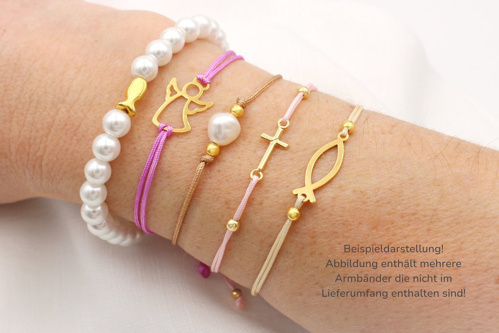 Kommunionsarmbänder mit Perlen und Symbolen aus 925 Silber vergoldet als kleine Geschenkidee für das Kommunionkind