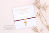 Herzlichen Glückwunsch zu deiner Konfirmation Karte mit gelben Kreuz und Ichthys Fisch mit Beispielarmband aus Makramee mit Herz