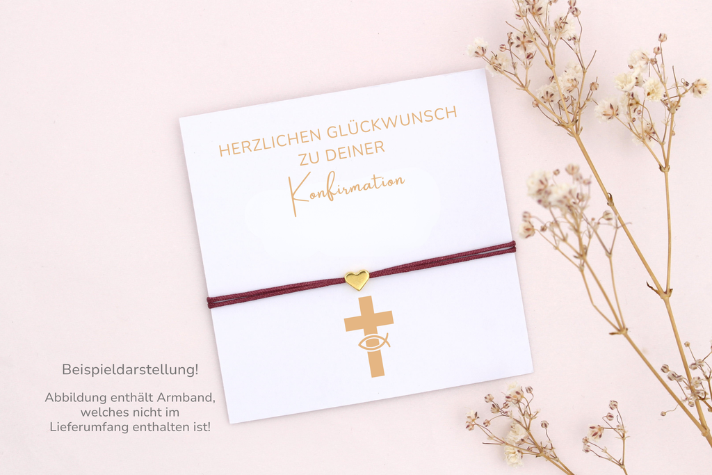 Herzlichen Glückwunsch zu deiner Konfirmation Karte mit gelben Kreuz und Ichthys Fisch mit Beispielarmband aus Makramee mit Herz