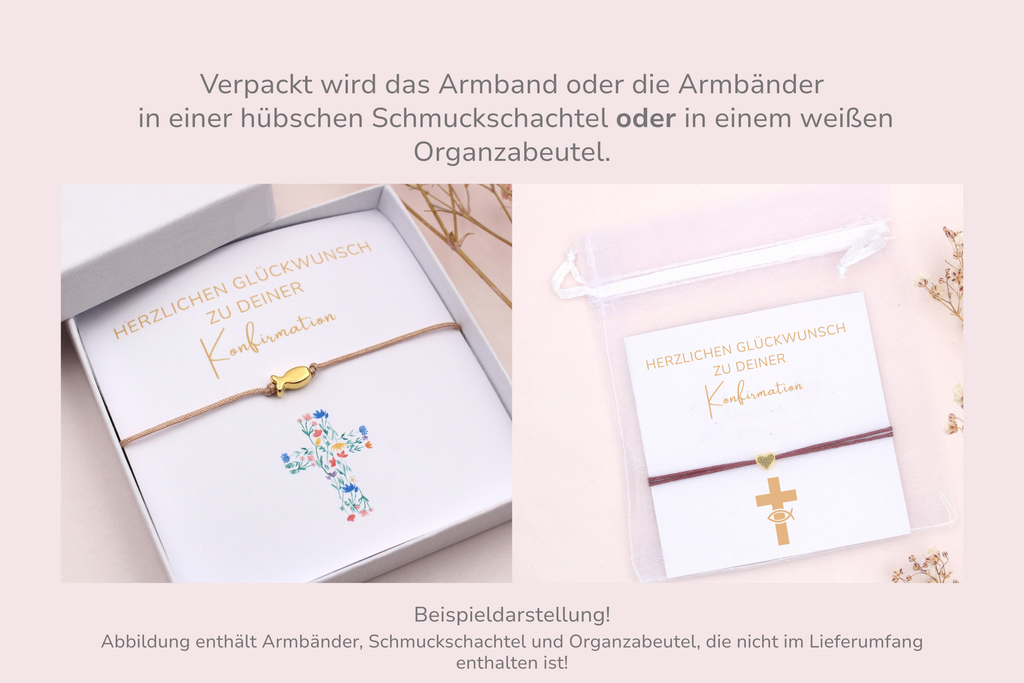 Karte mit Armband verpackt in einer Schmuckschachtel oder weißen Organzabeutel als Beispieldarstellung