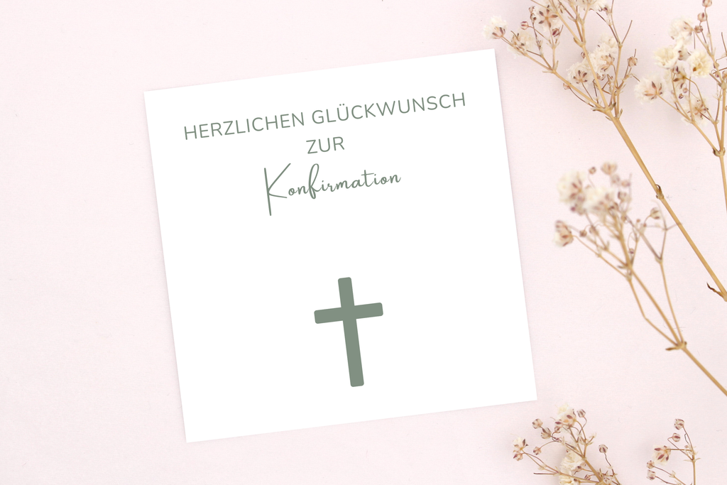 Salbeigrüne Karte zur Konfirmation mit Kreuz, passend zu einem Armband von Beautysart