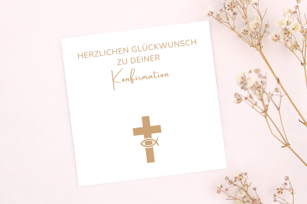Herzlichen Glückwunsch zu deiner Konfirmation Karte mit gelben Kreuz und Ichthys Fisch für unsere Armbänder