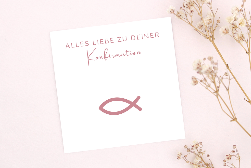 Alles Liebe zu deiner Konfirmation Karte mit rosa Ichthys Fisch für ein Makramee Armband