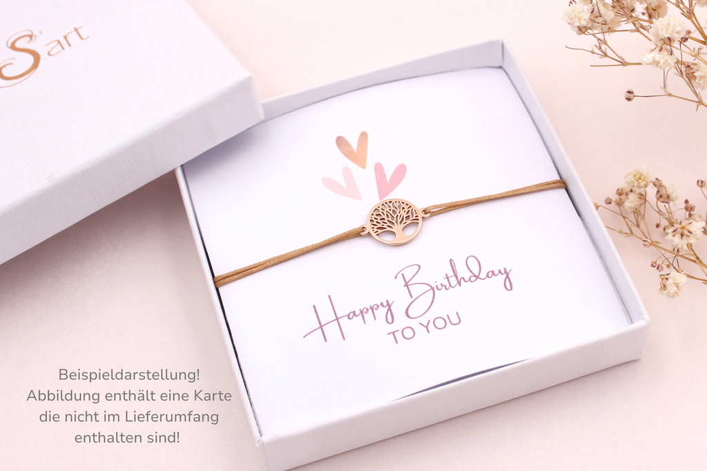 Lebensbaum Armband 925 Silber Rosé vergoldet mit Happy Birthday Karte und Schmuckschachtel verpackt