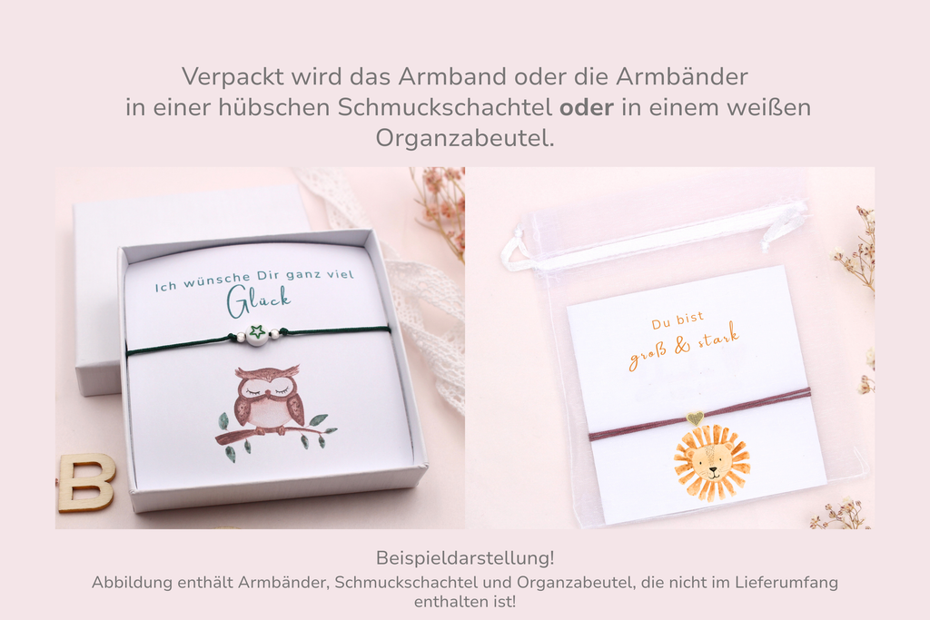 Karte mit Armband verpackt in einer Schmuckschachtel oder weißen Organzabeutel als Beispieldarstellung