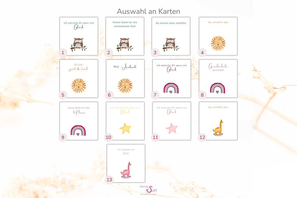 Übersicht über die Kartenauswahl mit Sprüchen für das Mut Armband
