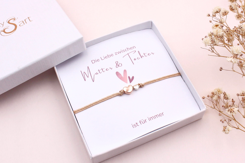 Mutter Tochter Schmuck, Armband mit 2 Herzen 925 Silber und Karte in Schmuckschachtel verpackt