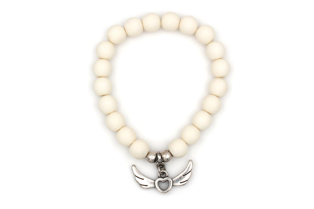 Perlenarmband Anhänger Engelsflügel Farbe silber und Perlen in ivory / creme, elastisch
