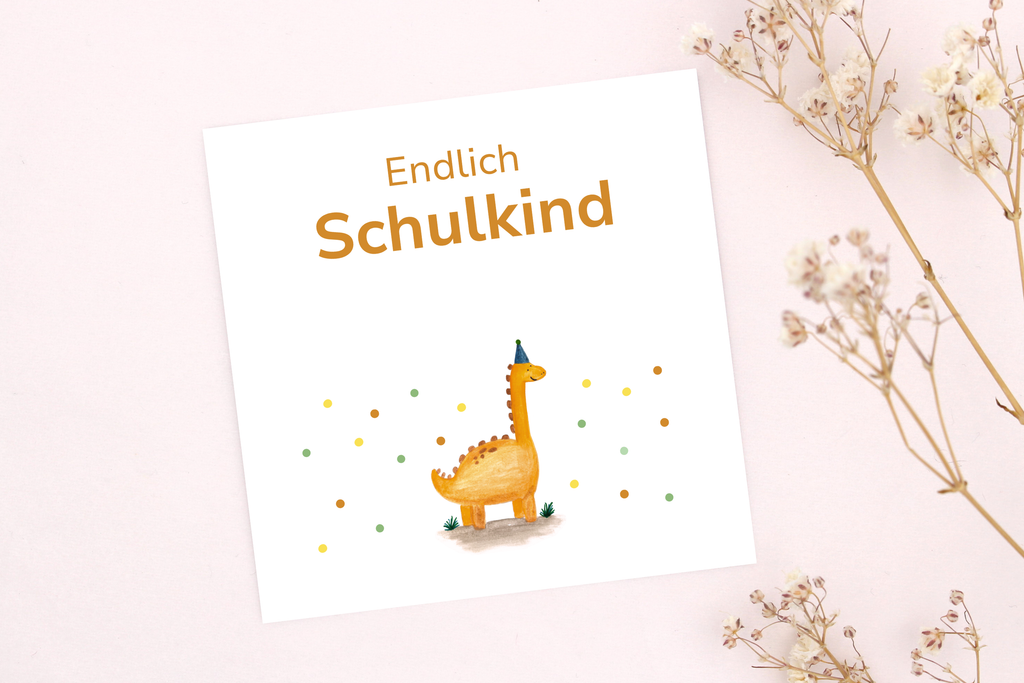 Endlich Schulkind Karte mit orangem Dino passend für ein Armband
