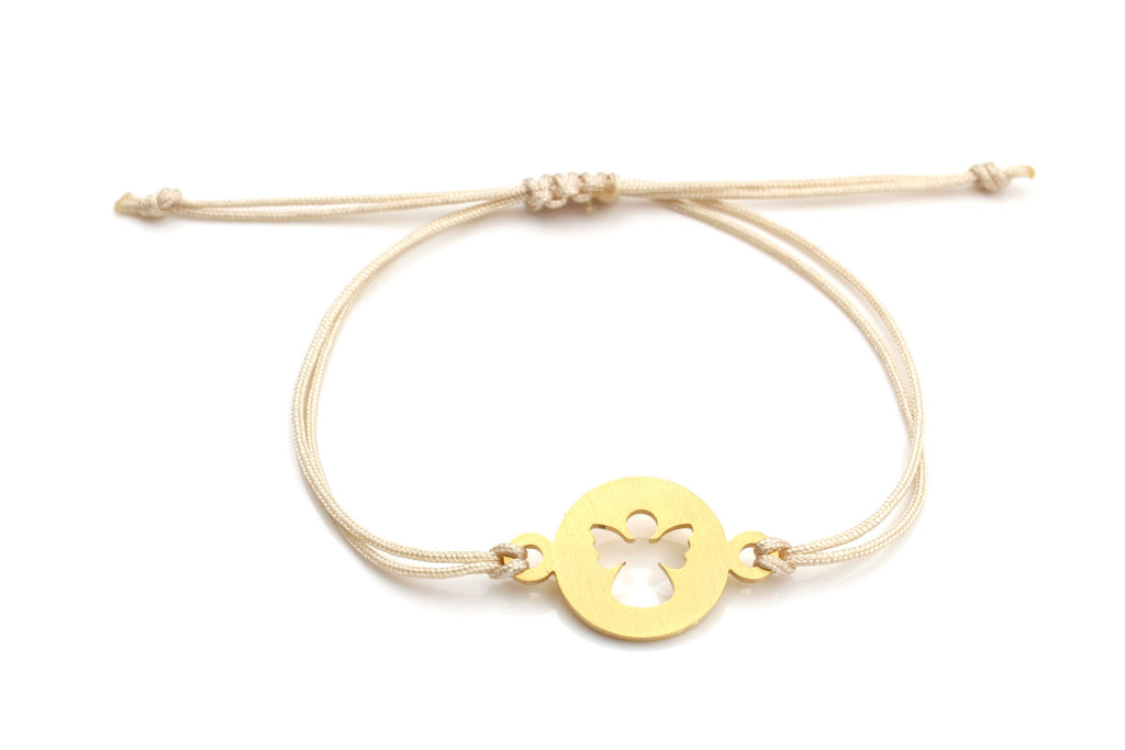 goldenes Schutzengel Armband Edelstahl mit beigem Makramee Band und verstellbarem Verschluss