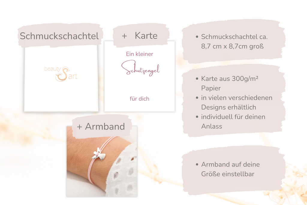 Übersicht über dir Größe der Schmuckschachtel und Karte für das Armband