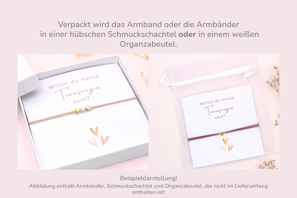 Beispieldarstellung für eine Karte mit Armband in einer Schmuckschachtel oder Organzabeutel verpackt